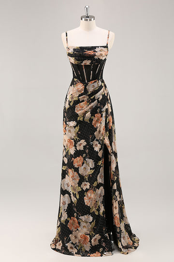 Sparkly Black Floral Corset Long Bridesmaid Dress with Beading